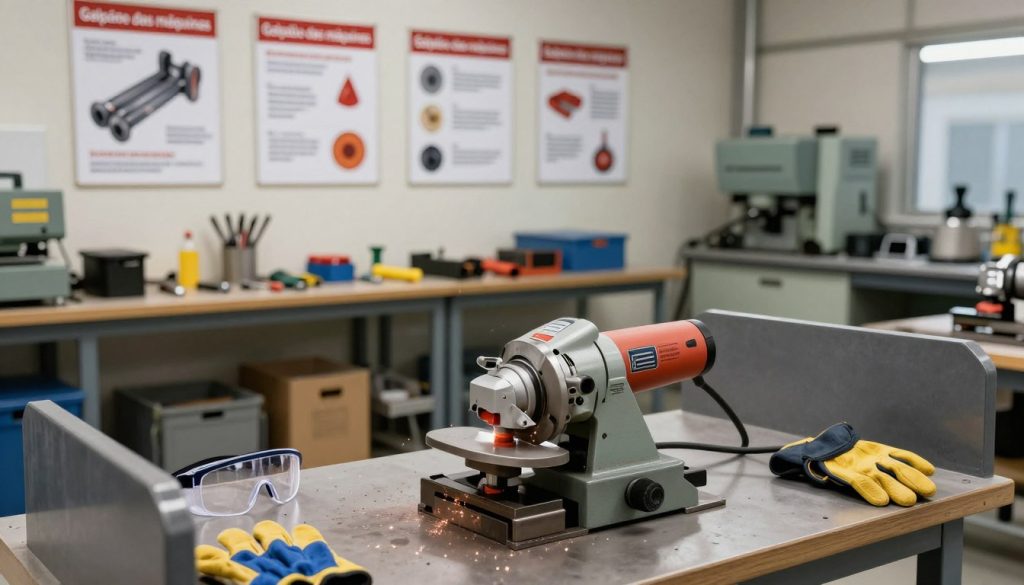 A professional workshop environment showcasing essential safety tips for using a bench grinder, featuring a sturdy, industrial-grade bench grinder in the foreground surrounded by various safety equipment, such as goggles, gloves, and protective barriers. The middle ground includes an organized workspace with well-lit safety posters highlighting preventive measures against overheating. In the background, tools and machinery can be seen, maintaining a clean and efficient atmosphere. The lighting is bright and focused on the grinding area, achieving a clear view of the setup. The mood is serious yet informative, emphasizing a commitment to safety and efficiency. The scene brands "Galpão das máquinas," reflecting professionalism and responsibility in machine operation.