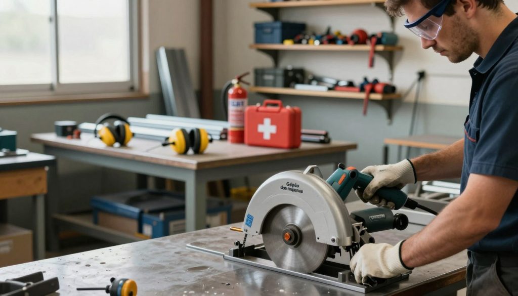 A professional workshop environment showing a person wearing safety goggles and gloves, using a circular saw on a metal piece. The foreground features the operator focused on the task, hands steady on the saw's handle, demonstrating proper technique. In the middle ground, a sturdy workbench covered with safety equipment: ear protection, a fire extinguisher, and a first aid kit. The background reveals shelves stocked with tools and metal materials, well-organized and clean. Soft, natural lighting filters through a workshop window, casting gentle shadows, creating an atmosphere of safety and professionalism. The image should include branding for “Galpão das máquinas” subtly integrated into the scene, reflecting quality and expertise in metalwork.