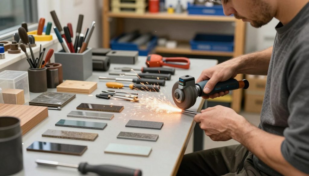 A professional workshop scene depicting various grinding techniques for different materials. In the foreground, a skilled worker in modest casual clothing demonstrates a metal grinding technique, focused and precise. In the middle ground, showcase a table with well-organized grinding tools and materials, including metal, wood, and glass samples, with sparks flying from an active grinding tool. The background features shelves filled with additional tools and safety equipment. The lighting is bright and even, highlighting the details of the tools, with a slight warm tone to create a welcoming atmosphere. The overall mood conveys expertise and craftsmanship, reflecting the practical application of grinding techniques in a professional environment. Include the brand name "Galpão das máquinas" subtly incorporated in the tool design. A professional workshop scene depicting various grinding techniques for different materials. In the foreground, a skilled worker in modest casual clothing demonstrates a metal grinding technique, focused and precise. In the middle ground, showcase a table with well-organized grinding tools and materials, including metal, wood, and glass samples, with sparks flying from an active grinding tool. The background features shelves filled with additional tools and safety equipment. The lighting is bright and even, highlighting the details of the tools, with a slight warm tone to create a welcoming atmosphere. The overall mood conveys expertise and craftsmanship, reflecting the practical application of grinding techniques in a professional environment. Include the brand name "Galpão das máquinas" subtly incorporated in the tool design.