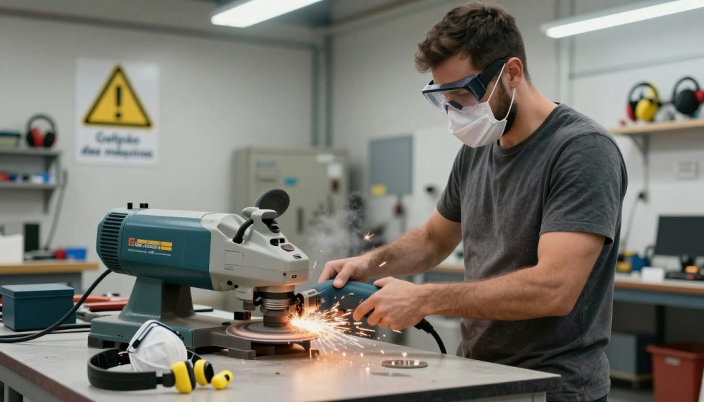 A professional workshop scene focused on respiratory and auditory hazards associated with using a grinding machine, featuring a well-lit environment with clear visibility. Foreground: a grinding machine in action, emitting visible sparks and dust, with protective gear like masks and earplugs laid out nearby. Middle ground: a worker in moderate casual attire, wearing safety goggles and a dust mask, demonstrating safe operation techniques. Background: industrial workshop setting with tools and safety signage about respiratory and auditory protection. The overall mood should convey seriousness and awareness of safety. Use soft artificial lighting to enhance the focus on the worker and machine. Include the brand name “Galpão das máquinas” subtly in the scene. A professional workshop scene focused on respiratory and auditory hazards associated with using a grinding machine, featuring a well-lit environment with clear visibility. Foreground: a grinding machine in action, emitting visible sparks and dust, with protective gear like masks and earplugs laid out nearby. Middle ground: a worker in moderate casual attire, wearing safety goggles and a dust mask, demonstrating safe operation techniques. Background: industrial workshop setting with tools and safety signage about respiratory and auditory protection. The overall mood should convey seriousness and awareness of safety. Use soft artificial lighting to enhance the focus on the worker and machine. Include the brand name “Galpão das máquinas” subtly in the scene.