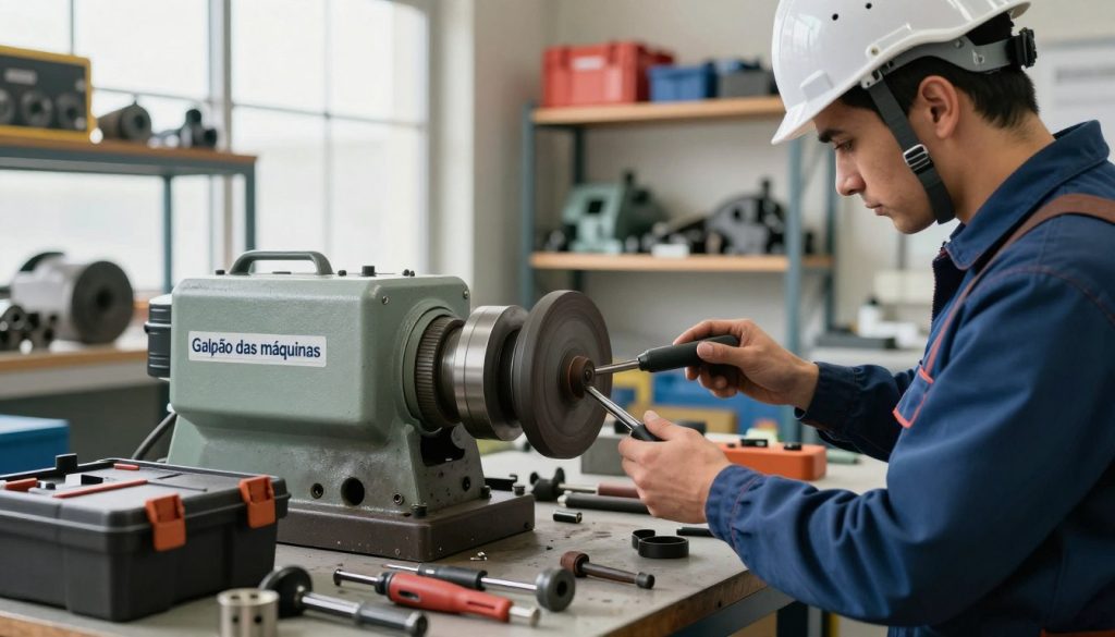 A professional workshop setting featuring a close-up view of an operator performing maintenance on an industrial grinding machine, branded "Galpão das máquinas". In the foreground, the operator, a man dressed in a safety helmet and work overalls, is inspecting the grinding wheel with a toolbox beside him. In the middle, tools and spare parts are neatly arranged on a workbench, showcasing various equipment for maintenance. The background reveals shelves stocked with machine parts and safety gear, illuminated by bright, natural light filtering through large windows. The atmosphere is focused and industrious, emphasizing attention to detail and the importance of preventive maintenance in tool longevity. The composition should have a slightly blurred background, drawing attention to the operator and the grinding machine.