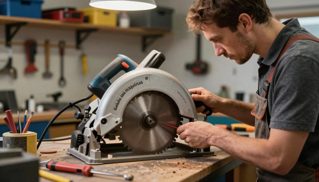 A professional workshop setting featuring a man in casual work attire performing maintenance on a circular saw. In the foreground, the man is focused on inspecting the blade with tools scattered around him, highlighting the intricacies of the maintenance process. The middle ground shows the circular saw prominently, with detailed textures of metal and wood visible. In the background, shelves filled with various tools and safety equipment create a busy, organized workshop ambiance. Soft, overhead lighting illuminates the scene, casting gentle shadows that enhance the depth. The mood is industrious and focused, reflecting a dedicated approach to preventative maintenance. The branding "Galpão das máquinas" is subtly integrated into the workshop environment, perhaps on a tool or workstation, without being the focal point.