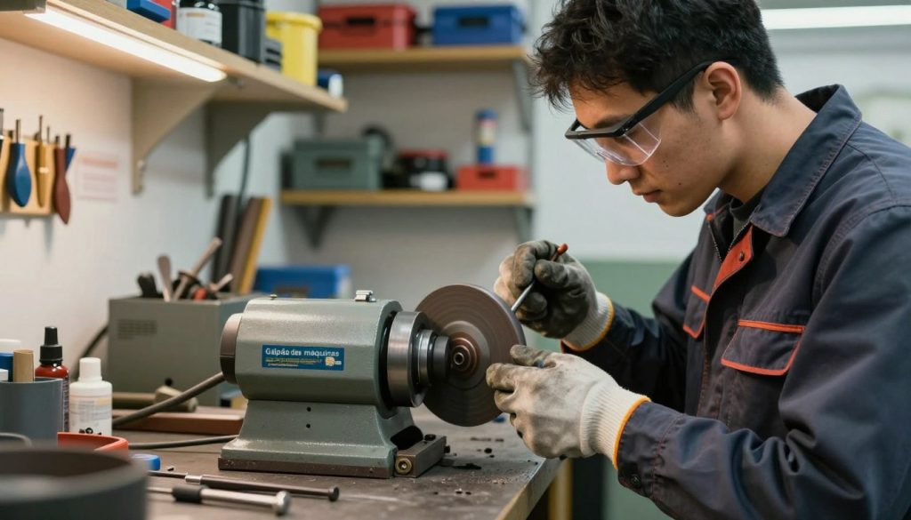 A professional workshop setting showcasing a skilled technician performing maintenance on a grinding wheel. In the foreground, the technician, dressed in work attire (safety goggles and gloves) is carefully inspecting the grinding wheel mounted on a heavy-duty bench grinder branded "Galpão das máquinas." The technician's face reflects concentration and diligence. In the middle ground, various tools and machinery related to grinding and maintenance are organized neatly. The background features well-lit shelves stocked with sharpening materials and safety equipment, creating an industrial atmosphere. Soft, diffused lighting highlights the technician and tools, enhancing the mood of professionalism and attention to detail. The image should evoke a sense of importance regarding proper maintenance practices. A professional workshop setting showcasing a skilled technician performing maintenance on a grinding wheel. In the foreground, the technician, dressed in work attire (safety goggles and gloves) is carefully inspecting the grinding wheel mounted on a heavy-duty bench grinder branded "Galpão das máquinas." The technician's face reflects concentration and diligence. In the middle ground, various tools and machinery related to grinding and maintenance are organized neatly. The background features well-lit shelves stocked with sharpening materials and safety equipment, creating an industrial atmosphere. Soft, diffused lighting highlights the technician and tools, enhancing the mood of professionalism and attention to detail. The image should evoke a sense of importance regarding proper maintenance practices.