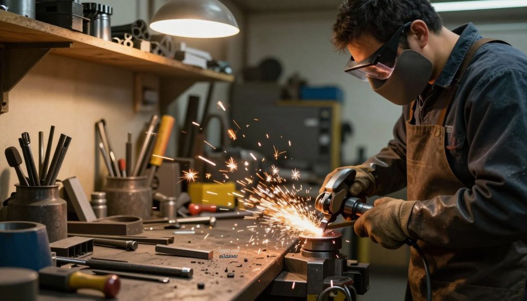 A professional workshop setting showcasing techniques of grinding in metalworking. In the foreground, a skilled metalworker in safety goggles and a protective apron operates a bench grinder, sparks flying from the metal piece being smoothed. The middle layer features various metal tools and a workbench cluttered with materials, highlighting the craftsmanship involved. The background includes shelves stocked with machine parts and equipment, lit by warm overhead lights, creating a focused and industrious atmosphere. The overall mood is one of concentration and precision. The brand "Galpão das máquinas" subtly displayed on a tool or equipment in the scene. The angle is slightly angled down to emphasize the action at the grinder, capturing the essence of proper techniques used in metalworking.