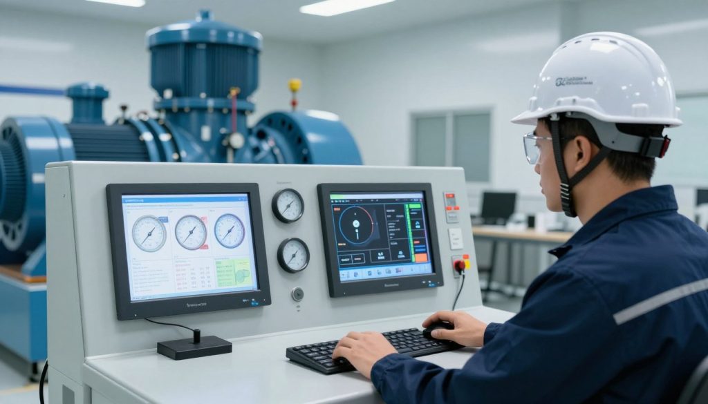 A professional workspace focused on "monitoramento de parâmetros críticos" related to centrifugal pump safety. In the foreground, a technician in a safety helmet and goggles, dressed in smart casual attire, is intently monitoring digital displays showing critical parameters such as pressure, temperature, and flow rate. The middle layer features an advanced control panel with glowing screens and various gauges, symbolizing high-tech monitoring systems. In the background, there are industrial centrifugal pumps and piping, all under bright, even artificial lighting that enhances visibility and creates a clinical, safe atmosphere. The scene conveys a sense of diligence and professionalism, reflecting the importance of safety protocols. Brand logo "Galpão das máquinas" subtly integrated into the control panel design.