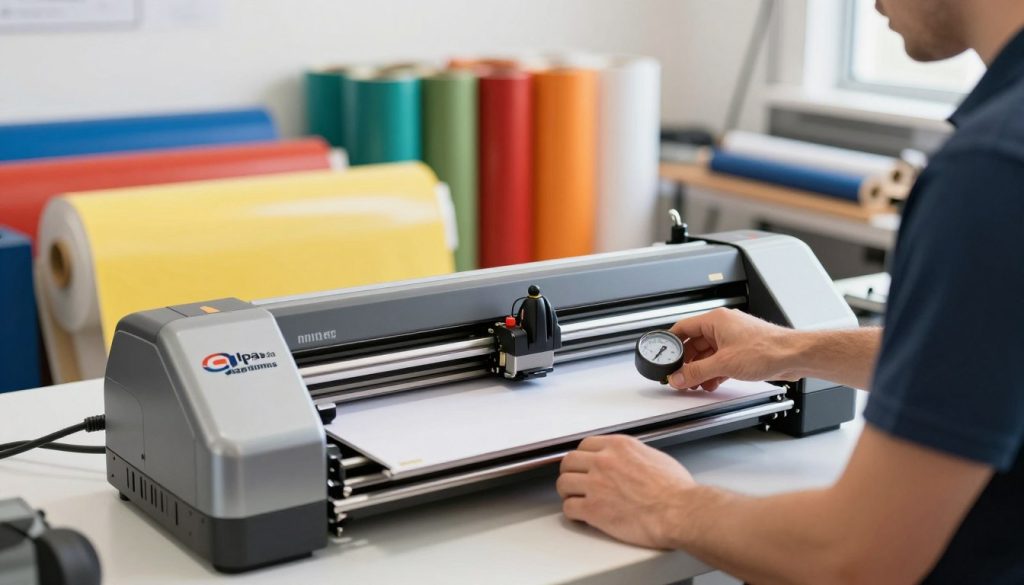 A professional workspace showcasing a plotter machine in action, emphasizing the ideal cutting pressure settings. In the foreground, a well-dressed technician adjusts the pressure gauge on the plotter, demonstrating proper technique. The middle ground features vibrant rolls of vinyl and various cutting tools organized neatly, creating an efficient work environment. In the background, soft, diffused natural lighting illuminates the scene, highlighting the intricate details of the machinery and tools used for precision cutting. The atmosphere conveys focus and professionalism, symbolizing the importance of correct adjustments for achieving high-quality results. The setting reflects a clean and modern workspace branded with "Galpão das máquinas," capturing the essence of a well-maintained equipment space dedicated to professional cutting technology.