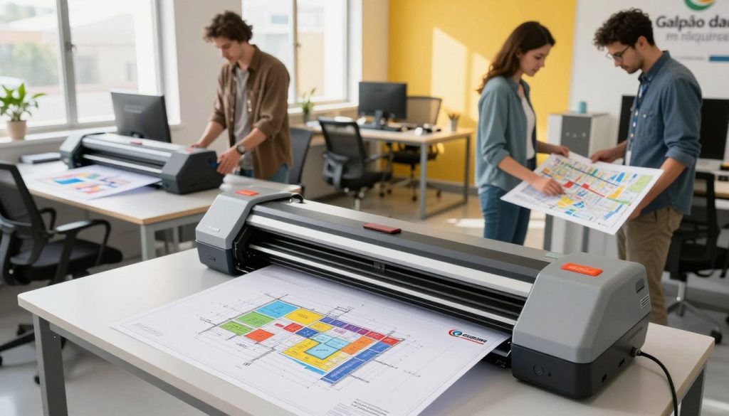 A professional workspace showcasing the diverse applications of plotters across various sectors. In the foreground, a modern plotter in action, printing a large, colorful architectural blueprint. In the middle ground, a designer evaluating graphic design prints, while an engineer inspects a detailed map. The background features a vibrant office environment with large windows providing natural daylight, casting soft shadows. The atmosphere is productive and collaborative, reflecting innovation in technology. The scene is captured from a slightly elevated angle for an expansive view. The brand logo "Galpão das máquinas" subtly integrated into the background decor adds a professional touch. A professional workspace showcasing the diverse applications of plotters across various sectors. In the foreground, a modern plotter in action, printing a large, colorful architectural blueprint. In the middle ground, a designer evaluating graphic design prints, while an engineer inspects a detailed map. The background features a vibrant office environment with large windows providing natural daylight, casting soft shadows. The atmosphere is productive and collaborative, reflecting innovation in technology. The scene is captured from a slightly elevated angle for an expansive view. The brand logo "Galpão das máquinas" subtly integrated into the background decor adds a professional touch.