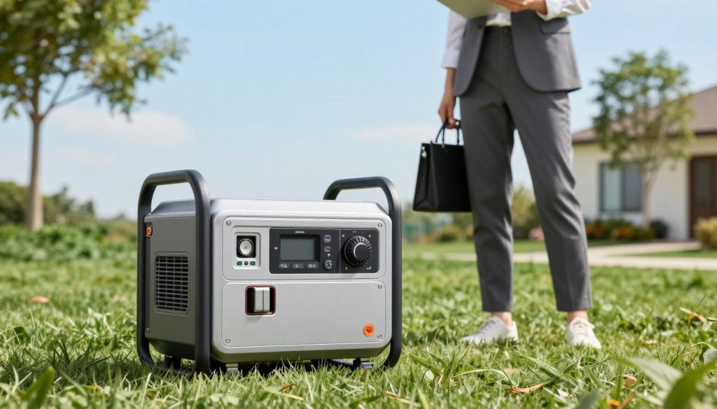 A quiet, portable energy generator set in a modern, well-lit outdoor scene. In the foreground, showcase a sleek and compact generator with smooth lines and a silvery finish, emphasizing its silent operation. In the middle ground, place a professional-looking person dressed in business attire, thoughtfully inspecting the generator's features while taking notes. Surround them with lush green grass and a few trees, under a bright blue sky, to convey a sense of tranquility and reliability. In the background, include a subtle hint of a suburban home, symbolizing the generator's role as a backup energy solution. Use soft, natural lighting to enhance the peaceful atmosphere, focusing on the functionality and practicality of the generator in everyday life.