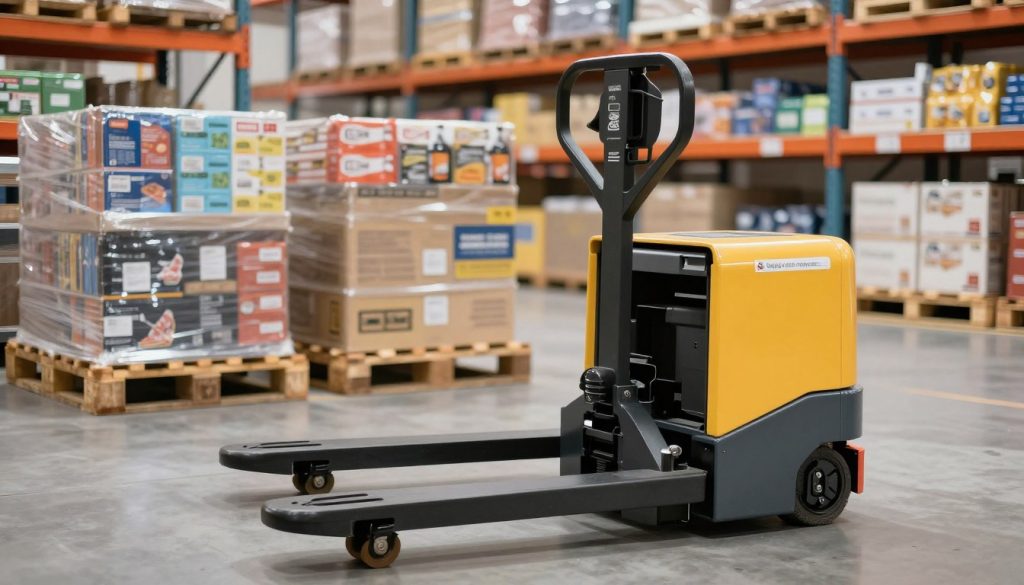 A realistic depiction of an electric pallet jack, showcasing its load capacity prominently. The foreground features a well-maintained electric pallet jack with a visible weight limit label, emphasizing its design and functionality. In the middle ground, various pallets stacked with different types of merchandise illustrate the loading process, highlighting the practical applications of the pallet jack. The background displays a warehouse environment, with shelves lined with products and appropriate lighting that creates a professional, industrious atmosphere. The image should convey a sense of efficiency and reliability in material handling. Use natural lighting to enhance clarity and focus, capturing the fine details of the electric pallet jack. The brand name "Galpão das máquinas" should be subtly integrated into the design of the pallet jack. A realistic depiction of an electric pallet jack, showcasing its load capacity prominently. The foreground features a well-maintained electric pallet jack with a visible weight limit label, emphasizing its design and functionality. In the middle ground, various pallets stacked with different types of merchandise illustrate the loading process, highlighting the practical applications of the pallet jack. The background displays a warehouse environment, with shelves lined with products and appropriate lighting that creates a professional, industrious atmosphere. The image should convey a sense of efficiency and reliability in material handling. Use natural lighting to enhance clarity and focus, capturing the fine details of the electric pallet jack. The brand name "Galpão das máquinas" should be subtly integrated into the design of the pallet jack.