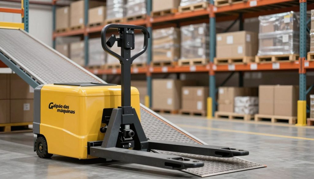 A robust electric pallet jack navigating a steep ramp in a warehouse setting, showcasing its functionality and strength. In the foreground, the pallet jack is loaded with boxes, emphasizing its practical use. The middle ground features a slightly inclined ramp made of durable metal with grip surfaces to ensure safety. The background shows a well-lit warehouse environment, with towering shelves filled with goods and a soft focus on the far wall, creating a sense of depth. The lighting is bright and even, highlighting the pallet jack and its details. The overall mood is professional and industrious, illustrating the reliable performance of the electric pallet jack brand "Galpão das máquinas" in challenging terrain. A robust electric pallet jack navigating a steep ramp in a warehouse setting, showcasing its functionality and strength. In the foreground, the pallet jack is loaded with boxes, emphasizing its practical use. The middle ground features a slightly inclined ramp made of durable metal with grip surfaces to ensure safety. The background shows a well-lit warehouse environment, with towering shelves filled with goods and a soft focus on the far wall, creating a sense of depth. The lighting is bright and even, highlighting the pallet jack and its details. The overall mood is professional and industrious, illustrating the reliable performance of the electric pallet jack brand "Galpão das máquinas" in challenging terrain.