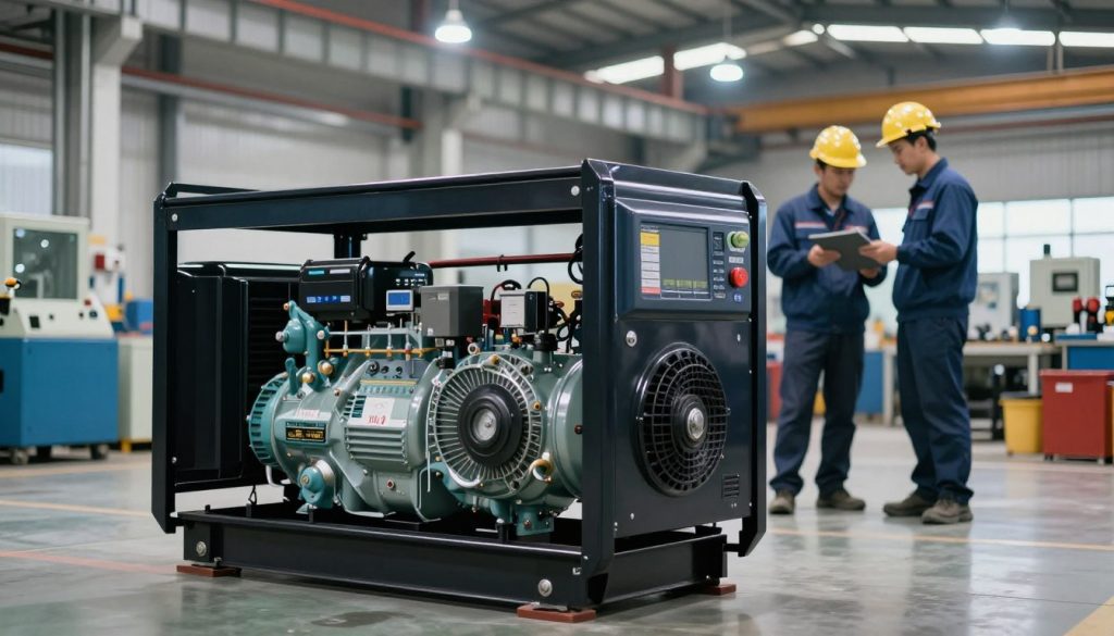 A robust industrial generator in a well-lit factory setting, prominently placed in the foreground, showcasing its shiny exterior and intricate technical components. In the middle ground, skilled technicians in professional attire are engaged in checking the generator's performance, highlighting its practical use in technical applications. The background features various industrial machinery and tools, creating a dynamic, working environment. Bright overhead lights illuminate the scene, casting soft shadows and enhancing details. The atmosphere is industrious and efficient, reflecting the reliability and significance of energy generators in industrial applications, with a focus on innovation and productivity. The image captures a sense of teamwork and technical expertise, showcasing the benefits of energy generators in enhancing operational efficiency.