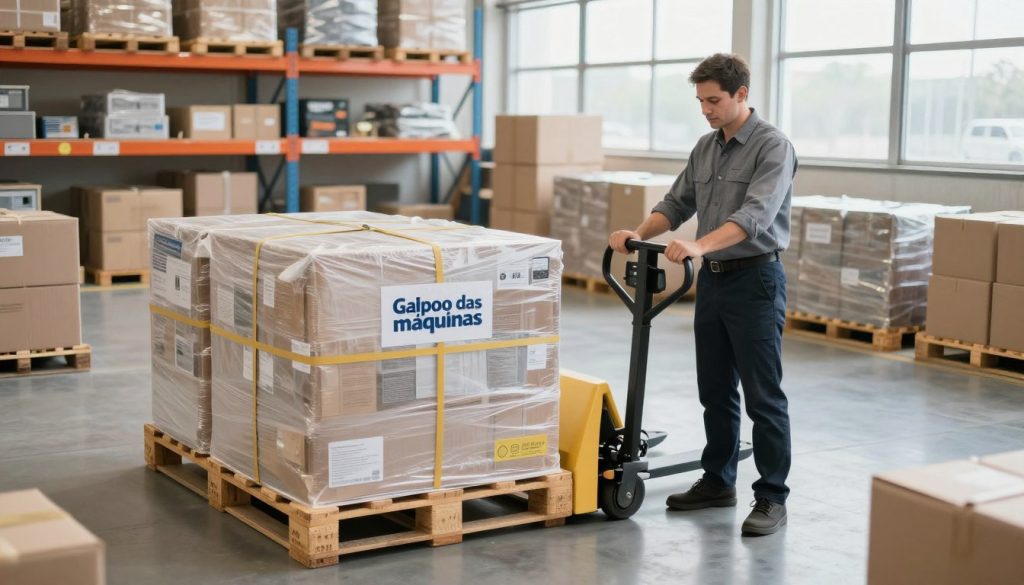 A safe and organized warehouse environment illustrating internal cargo transport techniques. In the foreground, a professional worker dressed in business attire is operating a manual pallet jack, focusing on safety protocols. In the middle, various cargo items stored neatly on pallets, highlighting best practices in load securing and balancing. The background shows shelving units filled with boxes, emphasizing efficient space utilization. Bright, well-distributed lighting creates a clean atmosphere, with natural light filtering through large windows. Capture the scene from a slightly elevated angle, showcasing the worker's careful actions and the orderly layout of the space. This scene embodies the brand "Galpão das máquinas", reflecting professionalism and commitment to safety in internal cargo transport.