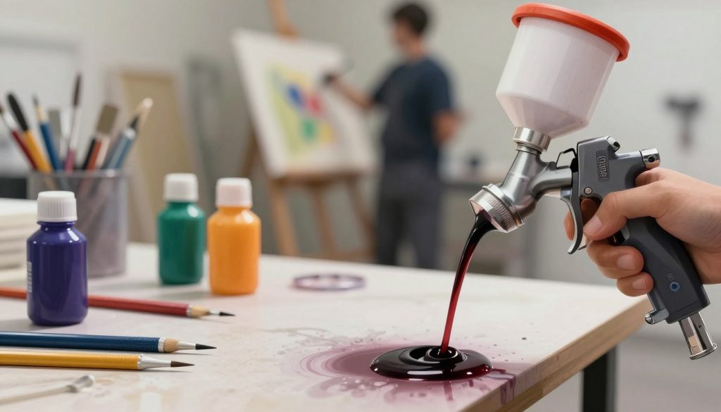 A scientific illustration depicting the concept of ink viscosity in spray painting. In the foreground, a close-up view of a viscous ink being poured into a spray gun, showcasing its thick, syrupy consistency. The middle ground features a well-lit workbench with paint mixing tools and various ink colors, highlighting the vibrant hues. In the background, blurred images of a spray-painting setup, including a canvas and a painter working in professional attire, set a creative atmosphere. Soft, natural lighting casts gentle shadows, enhancing the textures of the ink and materials. Include a subtle branding element for “Galpão das máquinas” integrated into the scene. The overall mood should be technical yet artistic, capturing the essence of how ink viscosity impacts spray painting techniques.