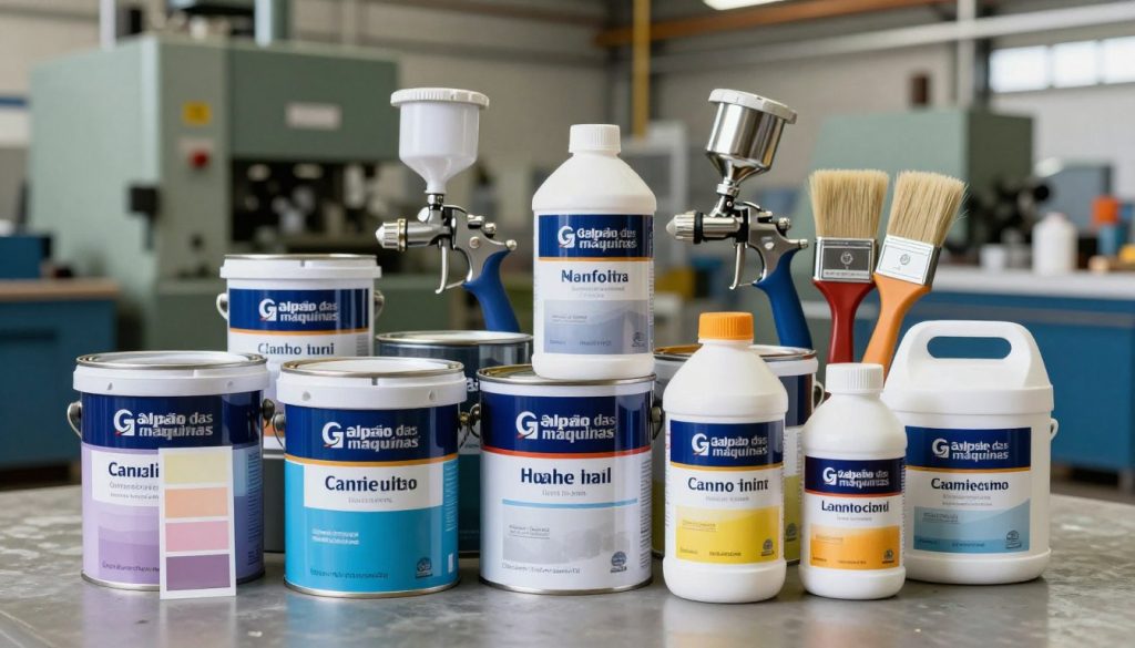 A selection of industrial paints by "Galpão das máquinas" displayed prominently in the foreground, featuring vibrant color swatches in various containers such as cans and bottles. Different textures and finishes are showcased, emphasizing their industrial applications. The middle ground includes painting tools like spray guns and brushes, highlighting their compatibility with the paints. The background consists of a factory setting, with large machines and equipment blurred slightly to keep the focus on the paints. The lighting is bright and evenly distributed, creating a professional and clean atmosphere. The angle is slightly high, capturing the array of products and tools, suggesting a sense of organization and efficiency in an industrial environment. The mood is one of professionalism and innovation.