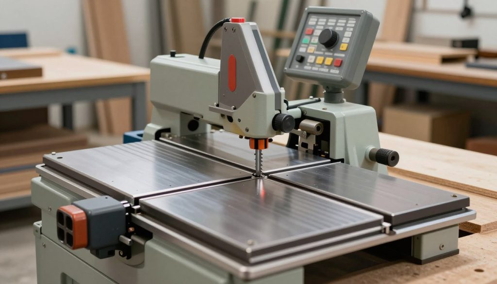A semi-automatic bandsaw machine in a well-lit workshop environment, showcasing its intricate features and mechanisms. The foreground captures the bandsaw's blade, clearly displaying its sharp teeth and metal construction. In the middle, highlight the machine's control panel with buttons and dials, emphasizing its semi-automatic nature. The background reveals a clean, organized workspace with wood and metal pieces ready for cutting. Use soft, diffused lighting to create a professional atmosphere, casting subtle shadows that reveal the machine's details. The angle should be slightly elevated, providing a comprehensive view of the bandsaw in action. The overall mood is focused and industrious, reflecting the precision of woodworking. Ensure no human figures are present in the scene.