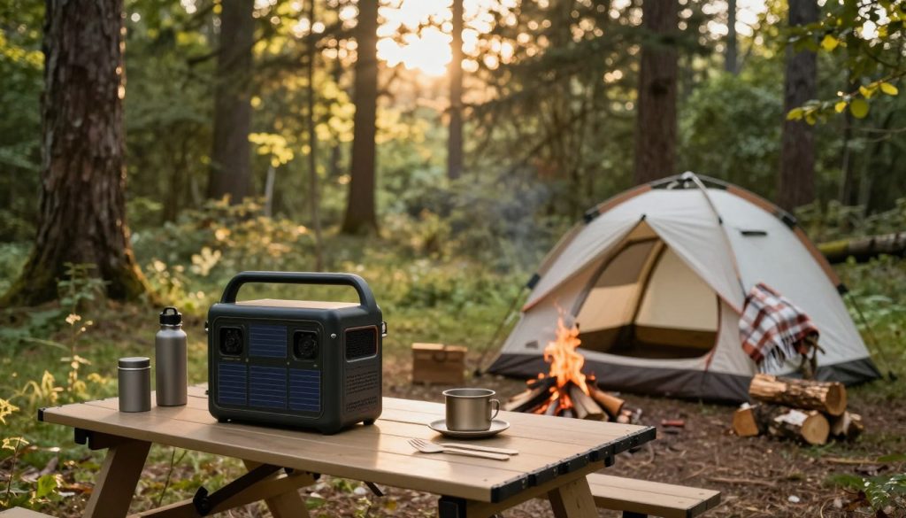 A serene, sustainable camping scene set in a lush forest during golden hour. In the foreground, a portable solar generator is prominently placed on a sturdy picnic table, surrounded by sustainable camping gear such as reusable water bottles and eco-friendly utensils. In the middle ground, a cozy tent made from organic materials is pitched, with a soft, plaid blanket draped outside. A small campfire emits gentle flames nearby, with firewood carefully stacked. The background features tall, majestic trees filtering warm sunlight, creating a tranquil atmosphere. The mood is peaceful and eco-conscious, inviting viewers to imagine outdoor adventures while being environmentally responsible. Soft, natural lighting enhances the serenity of the scene, captured through a slightly elevated angle to provide depth and context.