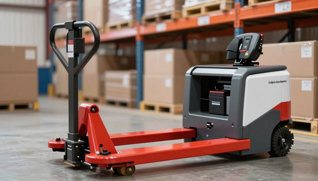 A side-by-side comparison of a manual pallet jack and an electric pallet jack, showcasing their distinct features. In the foreground, the manual pallet jack, with a sturdy metal frame and bright red lift forks, is positioned on the left, while the sleek, modern electric pallet jack, showing its control panel and battery compartment, is on the right. The background features a warehouse setting with shelves stacked with boxes to emphasize industrial use. Soft, natural light illuminates the scene, highlighting the glossy surfaces of both jacks. The camera angle is slightly above eye level, creating a subtle perspective that draws attention to each pallet jack's characteristics. The atmosphere is professional and informative, suitable for a technical illustration. Incorporate the brand name "Galpão das máquinas" subtly within the design, ensuring it complements the image without dominating it. A side-by-side comparison of a manual pallet jack and an electric pallet jack, showcasing their distinct features. In the foreground, the manual pallet jack, with a sturdy metal frame and bright red lift forks, is positioned on the left, while the sleek, modern electric pallet jack, showing its control panel and battery compartment, is on the right. The background features a warehouse setting with shelves stacked with boxes to emphasize industrial use. Soft, natural light illuminates the scene, highlighting the glossy surfaces of both jacks. The camera angle is slightly above eye level, creating a subtle perspective that draws attention to each pallet jack's characteristics. The atmosphere is professional and informative, suitable for a technical illustration. Incorporate the brand name "Galpão das máquinas" subtly within the design, ensuring it complements the image without dominating it.