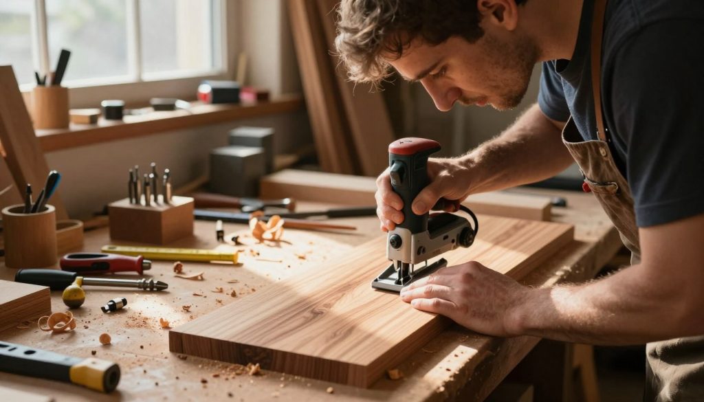A skilled carpenter focuses intently on an advanced woodworking technique using a router, surrounded by a wooden workshop filled with various tools. In the foreground, the router is expertly maneuvered over a beautifully grained wood piece, showcasing precision and detail in the cuts. The middle ground features a workbench cluttered with wood shavings, various router bits, and measuring tools, emphasizing the craftsmanship involved. The background reveals warm, natural lighting streaming through a window, casting gentle shadows and highlighting the workshop’s rustic charm. The atmosphere exudes a sense of dedication and mastery in woodworking, inviting viewers to appreciate the artistry of advanced router techniques.