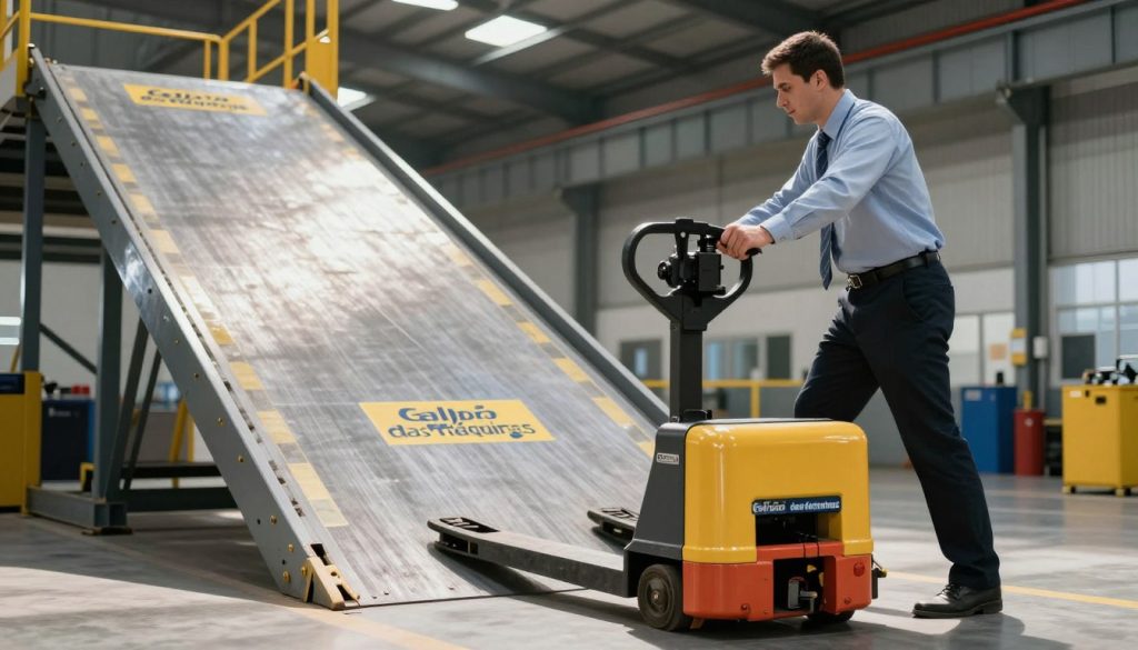 A skilled operator maneuvering an electric pallet jack on a steep ramp, showcasing proper techniques for handling steep surfaces. In the foreground, the operator, dressed in professional business attire, focuses intently while guiding the pallet jack. The pallet jack is brightly colored with the brand name "Galpão das máquinas" prominently displayed. In the middle ground, the ramp rises sharply, highlighting the incline's challenge, adorned with safety markings for clarity. The background features an industrial warehouse environment with ample lighting, casting dynamic shadows that emphasize the ramp's steepness. The overall atmosphere conveys professionalism and safety, underscoring the importance of correct operation on inclines. The scene is captured at a slightly angled perspective, emphasizing the height and slope of the ramp. A skilled operator maneuvering an electric pallet jack on a steep ramp, showcasing proper techniques for handling steep surfaces. In the foreground, the operator, dressed in professional business attire, focuses intently while guiding the pallet jack. The pallet jack is brightly colored with the brand name "Galpão das máquinas" prominently displayed. In the middle ground, the ramp rises sharply, highlighting the incline's challenge, adorned with safety markings for clarity. The background features an industrial warehouse environment with ample lighting, casting dynamic shadows that emphasize the ramp's steepness. The overall atmosphere conveys professionalism and safety, underscoring the importance of correct operation on inclines. The scene is captured at a slightly angled perspective, emphasizing the height and slope of the ramp.