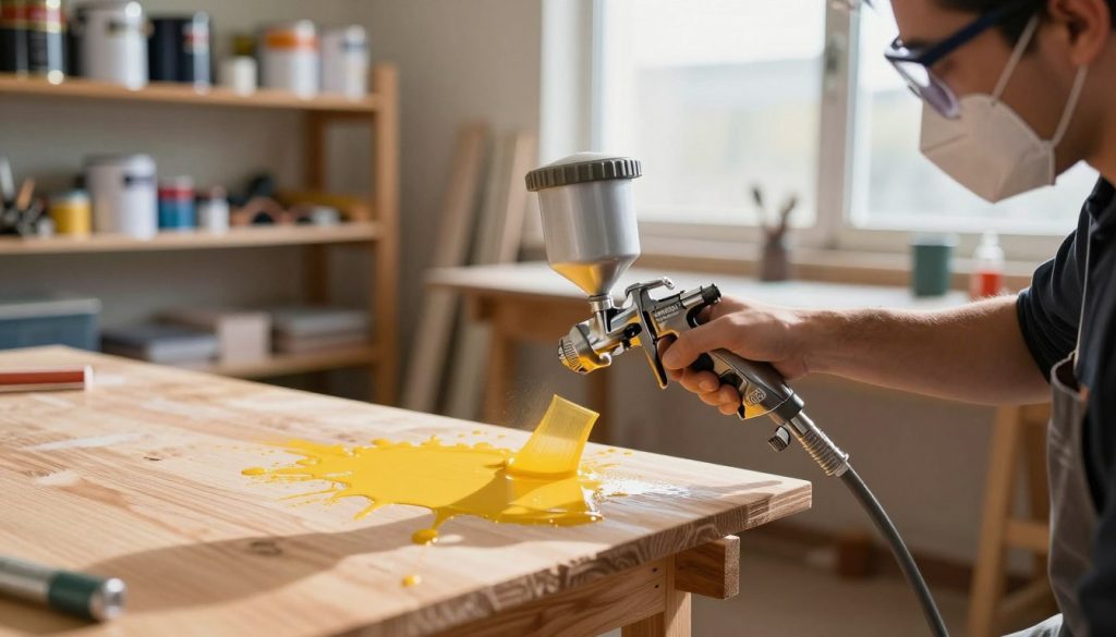 A skilled painter using a professional spray gun from "Galpão das máquinas" in a well-lit workshop, focused on applying an even coat of vibrant paint to a wooden surface. In the foreground, the painter is wearing safety goggles and a mask, demonstrating proper technique with the spray gun held at a 45-degree angle. The middle ground showcases splashes of color on the wood, hinting at the meticulous process. The background features shelves filled with various paint cans and tools, emphasizing a creative environment. Soft natural light filters through the workshop windows, casting gentle shadows that enhance the scene's depth and clarity. The atmosphere is focused and industrious, reflecting the importance of correct painting techniques in achieving high-quality results.