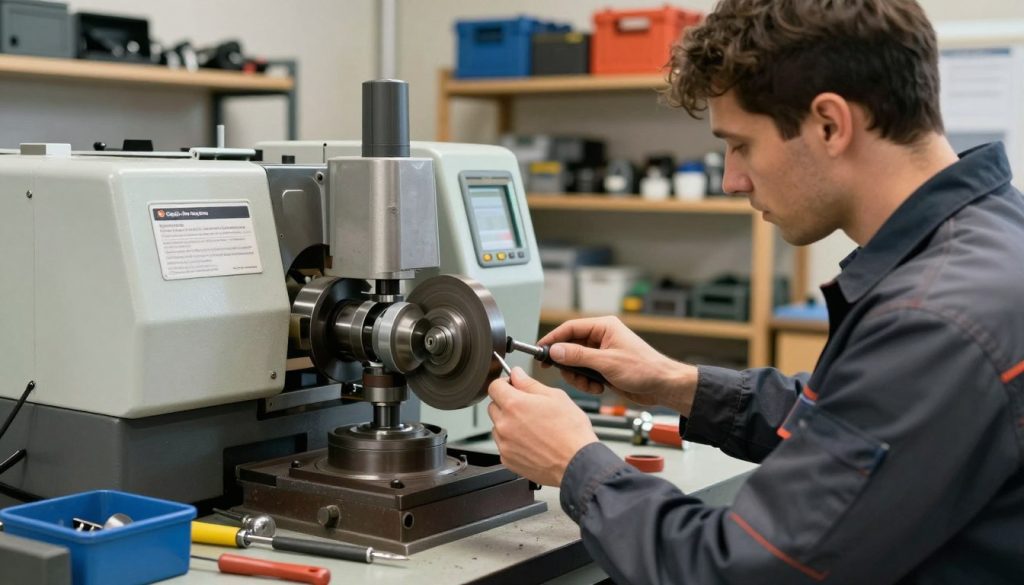 A skilled technician in a workshop setting performs maintenance on a grinding machine, focusing on a detailed inspection of the grinding wheel. The foreground features the technician, dressed in professional work attire, with tools and equipment neatly arranged around. The middle ground showcases the grinding machine with clear labels indicating various parts, highlighting the importance of preventive maintenance. In the background, shelves filled with machine parts and safety equipment create a well-organized workshop atmosphere. Soft, natural lighting illuminates the scene, emphasizing the precision and care in the technician's work. The mood is professional and focused, reflecting the importance of regular maintenance in machine operation. Incorporate the brand name "Galpão das máquinas" subtly on a nearby tool or equipment label.