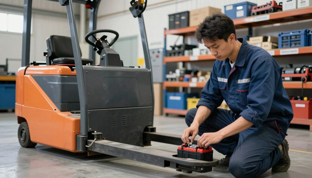 A skilled technician in professional attire is performing maintenance on an electric pallet jack in a well-lit industrial workshop. The foreground features the technician focused on inspecting the battery compartment, with tools neatly arranged nearby. In the middle ground, the electric pallet jack stands prominently, showcasing its key components such as the battery, forks, and control panel, all gleaming under the workshop lights. The background includes shelves with spare parts and maintenance equipment labeled with "Galpão das máquinas," adding an authentic touch. The lighting is bright, emphasizing the detail of the machinery, with a soft focus effect on the background to draw attention to the maintenance work. The atmosphere is professional and meticulous, conveying the importance of preventative maintenance for electric pallet jacks.