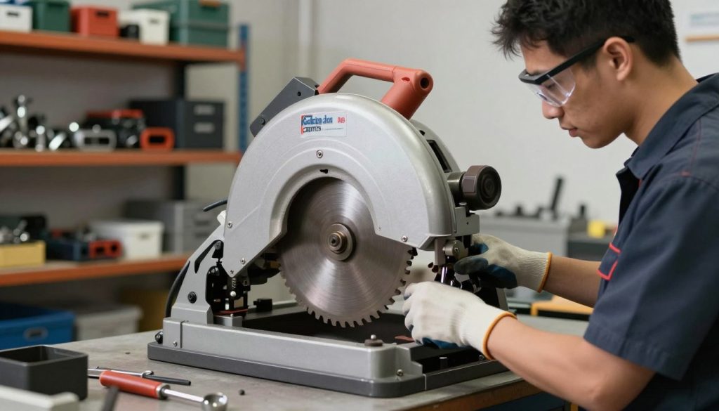 A skilled technician in professional attire is performing maintenance on an industrial circular saw in a well-lit workshop. The foreground shows the technician carefully inspecting the saw blade, wearing safety goggles and gloves, with tools laid out neatly nearby. In the middle ground, the circular saw stands prominently, showcasing intricate details of its components, including the sharp blade and sturdy base. The background features shelves filled with various machine parts and safety equipment, subtly emphasizing the industrial atmosphere. Soft, diffused lighting creates an organized and focused environment, highlighting the technician's concentration and the importance of proper machine care. The brand label "Galpão das máquinas" is subtly integrated into the scene. The overall mood conveys professionalism and attention to detail in equipment maintenance. A skilled technician in professional attire is performing maintenance on an industrial circular saw in a well-lit workshop. The foreground shows the technician carefully inspecting the saw blade, wearing safety goggles and gloves, with tools laid out neatly nearby. In the middle ground, the circular saw stands prominently, showcasing intricate details of its components, including the sharp blade and sturdy base. The background features shelves filled with various machine parts and safety equipment, subtly emphasizing the industrial atmosphere. Soft, diffused lighting creates an organized and focused environment, highlighting the technician's concentration and the importance of proper machine care. The brand label "Galpão das máquinas" is subtly integrated into the scene. The overall mood conveys professionalism and attention to detail in equipment maintenance.