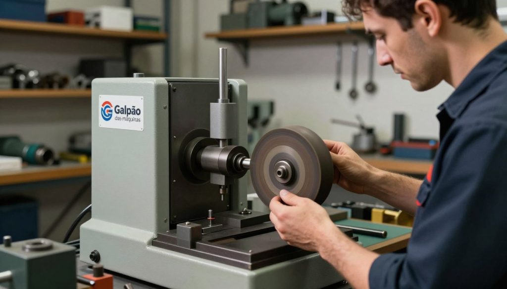 A skilled technician is carefully balancing a grinding wheel (rebolo) on a precision balancing machine in a well-lit workshop, showcasing the importance of this process. The foreground features the technician, dressed in professional work attire, intently examining the wheel with tools nearby. In the middle, the balancing machine is prominently displayed, with intricate components visible, highlighting the technical nature of the task. The background reveals shelves filled with various machine parts and tools, creating an industrial atmosphere. Soft diffused lighting emphasizes the workspace while casting gentle shadows, enhancing the focus on the balancing process. The scene is dynamic yet focused, capturing the meticulous nature of maintaining equipment efficiency. The logo "Galpão das máquinas" is subtly incorporated into the workshop environment, ensuring brand representation.