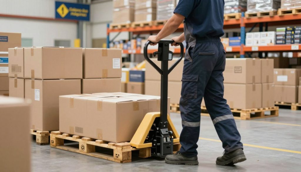 A skilled warehouse worker in professional attire, demonstrating the use of a manual pallet jack in a bright, well-lit logistics environment. The worker is positioned in the foreground, actively lifting a pallet filled with boxes, showcasing proper lifting techniques and body posture. In the middle ground, various pallets and boxes neatly arranged indicate an organized workspace, while the background features shelves stocked with merchandise and clear signage promoting safety and efficiency. The lighting is natural and vibrant, highlighting the colors of the pallets and the focus on the worker's actions. The overall mood is instructional and professional, emphasizing teamwork and effective logistics operations. Include a small brand tag in the corner that reads "Galpão das máquinas." A skilled warehouse worker in professional attire, demonstrating the use of a manual pallet jack in a bright, well-lit logistics environment. The worker is positioned in the foreground, actively lifting a pallet filled with boxes, showcasing proper lifting techniques and body posture. In the middle ground, various pallets and boxes neatly arranged indicate an organized workspace, while the background features shelves stocked with merchandise and clear signage promoting safety and efficiency. The lighting is natural and vibrant, highlighting the colors of the pallets and the focus on the worker's actions. The overall mood is instructional and professional, emphasizing teamwork and effective logistics operations. Include a small brand tag in the corner that reads "Galpão das máquinas."