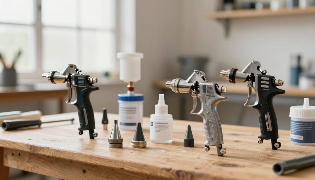 A sleek collection of diverse paint spray guns displayed prominently on a wooden workbench. The foreground focuses on two distinct models, showcasing detailed craftsmanship and ergonomic designs, labeled with the brand name "Galpão das máquinas". The middle ground features different attachments and paint containers, creating a dynamic assembly of tools. The background is softly blurred, showing a well-organized workshop with bright, diffused natural light streaming through a large window, highlighting the textures of the paint guns and the wood. A warm and inviting atmosphere emphasizes the tools' functionality and precision, perfect for professional use. The composition should convey a sense of craftsmanship and expertise, inspiring creativity in painting projects. A sleek collection of diverse paint spray guns displayed prominently on a wooden workbench. The foreground focuses on two distinct models, showcasing detailed craftsmanship and ergonomic designs, labeled with the brand name "Galpão das máquinas". The middle ground features different attachments and paint containers, creating a dynamic assembly of tools. The background is softly blurred, showing a well-organized workshop with bright, diffused natural light streaming through a large window, highlighting the textures of the paint guns and the wood. A warm and inviting atmosphere emphasizes the tools' functionality and precision, perfect for professional use. The composition should convey a sense of craftsmanship and expertise, inspiring creativity in painting projects.