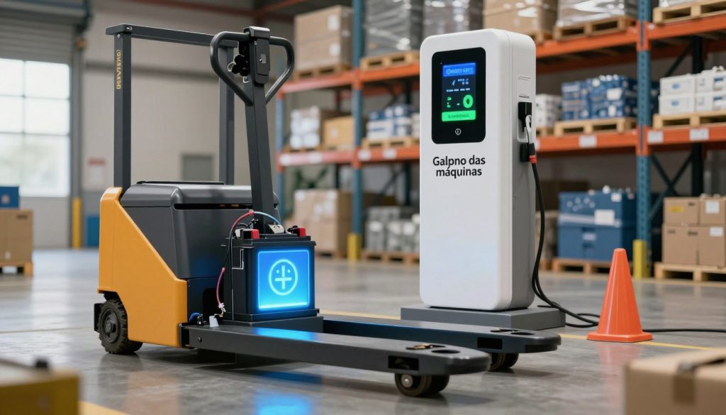 A sleek electric pallet jack is positioned in a modern warehouse environment, showcasing its battery charging process. In the foreground, a vibrant, glowing battery symbol represents the charging status, surrounded by tools and equipment for warehouse operations. The middle ground features a well-lit charging station, branded with “Galpão das máquinas,” displaying indicators of remaining charging time and power levels prominently. In the background, shelves are stocked with industrial supplies, while soft, natural lighting fills the space, creating a professional atmosphere. The angle is slightly elevated, offering a clear view of the pallet jack, enhancing its prominence in the scene. Overall, the mood is efficient and industrious, highlighting the importance of battery recharge for optimal warehouse performance.