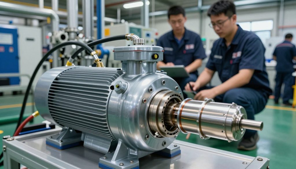 A sleek industrial setting showcasing vacuum pumps in action. In the foreground, a large, modern vacuum pump is prominently displayed, glistening with metallic surfaces and intricate tubing. Cutaway elements reveal inner workings, highlighting the technology. In the middle ground, skilled technicians in professional attire operate machinery, focused on precision tasks. Their expressions are engaged and determined, contributing to an atmosphere of efficiency and innovation. The background features an expansive factory floor, with pipes and equipment, bathed in bright, artificial lighting that enhances the high-tech environment. The overall mood is dynamic and industrious, illustrating the critical role of vacuum pumps in industrial processes. Capture this scene from a slightly elevated angle to provide depth, making the viewer feel immersed in the bustling environment of technological advancement.
