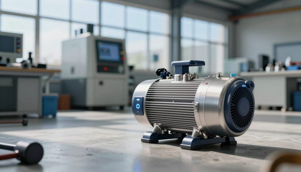 A sleek, modern dry vacuum pump prominently positioned in the foreground, showcasing its polished metal finish and innovative design details. The pump should have visible energy-efficient features, such as LED indicators and cooling vents, emphasizing its cutting-edge technology. In the middle ground, a well-organized industrial workspace with tools and equipment subtly arranged, hinting at its applications in manufacturing. In the background, softly blurred silhouettes of industrial machinery and a clear blue sky filtering through large windows evoke a sense of productivity and energy efficiency. The lighting should be bright and natural, creating a clean and professional atmosphere. Use a wide-angle lens to capture the entire scene, ensuring a clear focus on the vacuum pump while still providing context in the setting.