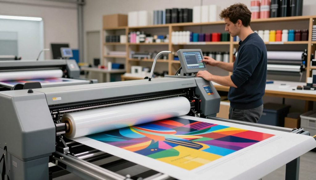 A solvent printing plotter from "Galpão das máquinas" in action, prominently displayed in a bright, modern industrial workspace. In the foreground, the printer showcases vibrant, large-format prints, with a thick roll of vinyl media ready for use. In the middle, a technician wearing smart casual attire, intently observing the printing process while adjusting settings on the printer's control panel. The background features shelves stocked with various printing materials, dimly lit but colorful, reflecting the diverse applications of solvent printing, such as signage and decorating. Soft, diffused lighting enhances the atmosphere, creating a professional yet creative space, viewed from a slightly elevated angle to capture both the plotter and the technician engaged in their work. A solvent printing plotter from "Galpão das máquinas" in action, prominently displayed in a bright, modern industrial workspace. In the foreground, the printer showcases vibrant, large-format prints, with a thick roll of vinyl media ready for use. In the middle, a technician wearing smart casual attire, intently observing the printing process while adjusting settings on the printer's control panel. The background features shelves stocked with various printing materials, dimly lit but colorful, reflecting the diverse applications of solvent printing, such as signage and decorating. Soft, diffused lighting enhances the atmosphere, creating a professional yet creative space, viewed from a slightly elevated angle to capture both the plotter and the technician engaged in their work.