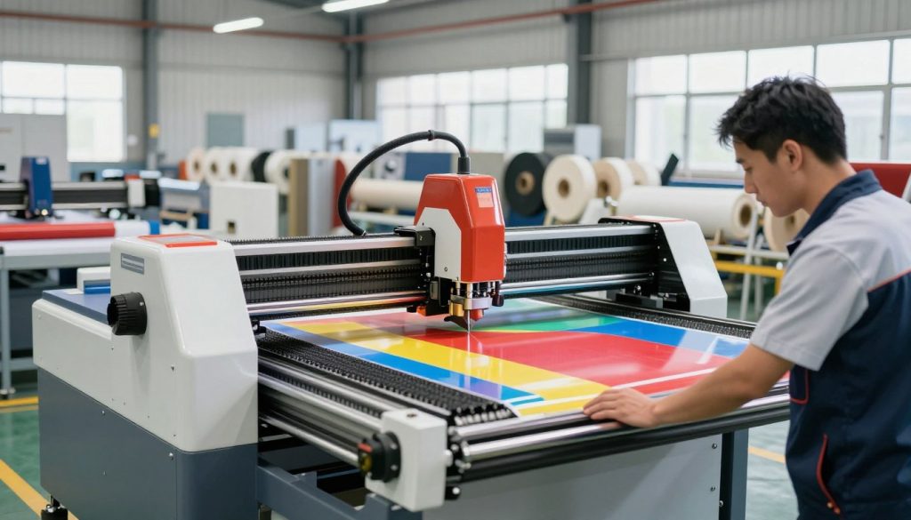 A sophisticated industrial cutting plotter from "Galpão das máquinas" positioned prominently in a modern factory setting. The plotter features advanced technology with sleek, metallic components and precise cutting blades actively working on colorful vinyl sheets. In the foreground, a skilled technician in professional attire is carefully monitoring the machine's output, showcasing engagement with the production process. The middle ground highlights various rolls of materials neatly organized, emphasizing the efficiency of industrial production. The background showcases a spacious, well-lit workspace with large windows letting in natural light, enhancing the atmosphere of productivity and innovation. The scene captures a vibrant and dynamic environment, reflecting the excitement of cutting-edge technology in industrial applications, all conveyed through a bright and inviting color palette.