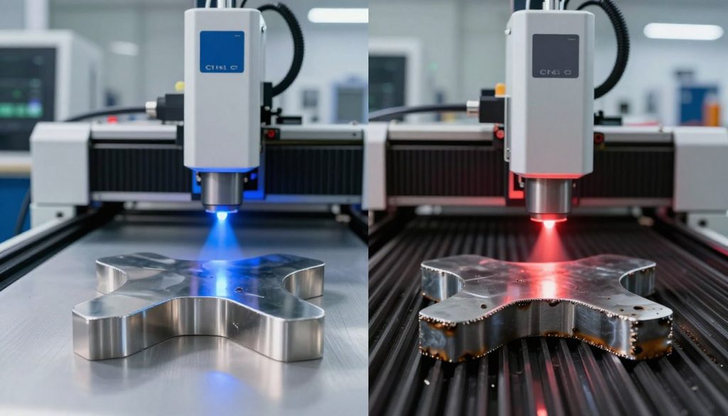 A split-image comparison showcasing the differences between fiber laser and CO2 laser cutting technology. In the foreground, two distinctly shaped metal pieces, one partially cut by a fiber laser, demonstrating clean, precise edges with shimmering metallic surfaces; the other cut by a CO2 laser, showing a slightly rougher edge and charred appearance. The middle ground features a high-tech laser cutting machine for each type, detailed with visible laser beams highlighting the cutting action—one beam bright blue for fiber, and one red for CO2. In the background, a well-lit workshop filled with modern industrial equipment, conveying a professional atmosphere. Soft, diffused lighting enhances the textures and contrasts of the materials, while a shallow depth of field emphasizes the cutting processes, creating a focused yet informative mood.