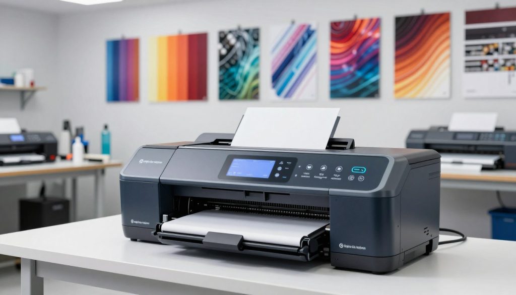 A state-of-the-art solvent ink printer from the brand "Galpão das máquinas" showcased prominently in the foreground, highlighted to display its features such as a sleek design and high-tech interfaces. In the middle ground, various printed samples illustrating vibrant colors and sharp details hang on a wall, demonstrating the printer's capabilities. The background features a well-organized workshop environment, with tools and materials indicating a professional printing setting. The lighting should be bright and evenly distributed, creating a clean and modern atmosphere. Use a wide-angle lens to capture the entirety of the scene, emphasizing the investment aspect of quality printing equipment. The mood is professional and focused, resonating with potential buyers seeking cost-effective printing solutions. A state-of-the-art solvent ink printer from the brand "Galpão das máquinas" showcased prominently in the foreground, highlighted to display its features such as a sleek design and high-tech interfaces. In the middle ground, various printed samples illustrating vibrant colors and sharp details hang on a wall, demonstrating the printer's capabilities. The background features a well-organized workshop environment, with tools and materials indicating a professional printing setting. The lighting should be bright and evenly distributed, creating a clean and modern atmosphere. Use a wide-angle lens to capture the entirety of the scene, emphasizing the investment aspect of quality printing equipment. The mood is professional and focused, resonating with potential buyers seeking cost-effective printing solutions.