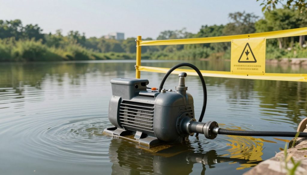 A submerged pump in a tranquil water setting, showcasing safety measures around its installation. In the foreground, a sturdy, well-maintained electric submersible pump, partially submerged, with clear water revealing its sturdy construction. The middle ground features a safety barrier made of bright yellow caution tape and warning signs, emphasizing the importance of safety. In the background, a serene landscape with lush greenery and a clear sky, indicating a safe environment. Soft, natural lighting illuminates the scene, casting gentle shadows. The angle is slightly elevated, providing a comprehensive view of the pump setup and surroundings. The overall mood is calm and professional, conveying a sense of security and vigilance in industrial pump usage. A submerged pump in a tranquil water setting, showcasing safety measures around its installation. In the foreground, a sturdy, well-maintained electric submersible pump, partially submerged, with clear water revealing its sturdy construction. The middle ground features a safety barrier made of bright yellow caution tape and warning signs, emphasizing the importance of safety. In the background, a serene landscape with lush greenery and a clear sky, indicating a safe environment. Soft, natural lighting illuminates the scene, casting gentle shadows. The angle is slightly elevated, providing a comprehensive view of the pump setup and surroundings. The overall mood is calm and professional, conveying a sense of security and vigilance in industrial pump usage.