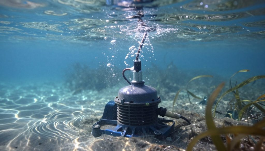 A submerged pump in clear blue water, detailed with visible wiring and pipes, is the central focus. The pump is surrounded by bubbles and slightly disturbed sediment, indicating operation and possible malfunction. In the foreground, faint ripples suggest movement, as if something is causing irregular sound waves. The middle ground features light refracting through the water, creating a shimmering effect that emphasizes depth. Surrounding vegetation, such as aquatic plants, flows gently with the water current, adding a sense of tranquility and natural beauty. The background shows a blurred underwater landscape, enhancing the view of the pump. The scene is illuminated with soft, natural lighting, reminiscent of sunlight filtering through water, creating a serene yet slightly tense atmosphere, hinting at disturbance in the normally quiet underwater environment. A submerged pump in clear blue water, detailed with visible wiring and pipes, is the central focus. The pump is surrounded by bubbles and slightly disturbed sediment, indicating operation and possible malfunction. In the foreground, faint ripples suggest movement, as if something is causing irregular sound waves. The middle ground features light refracting through the water, creating a shimmering effect that emphasizes depth. Surrounding vegetation, such as aquatic plants, flows gently with the water current, adding a sense of tranquility and natural beauty. The background shows a blurred underwater landscape, enhancing the view of the pump. The scene is illuminated with soft, natural lighting, reminiscent of sunlight filtering through water, creating a serene yet slightly tense atmosphere, hinting at disturbance in the normally quiet underwater environment.