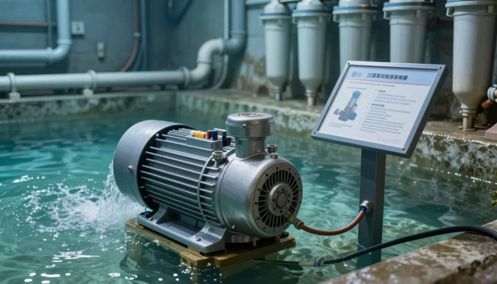 A submerged pump placed in a serene underground water chamber, showcasing technical specifications detailed on a transparent display panel next to it. In the foreground, the pump is robust with metallic casing, designed for efficiency, featuring visible pipes and electrical connections. The middle ground displays clear water gently flowing around the pump, highlighting its operational environment, while the background consists of abstract representations of wastewater management systems, like interconnected pipes and filtration units. Soft, diffused lighting illuminates the scene, creating a clean and professional atmosphere. The angle captures both the pump and its environment, emphasizing the importance of technical specifications in selection criteria for effective sanitation systems.