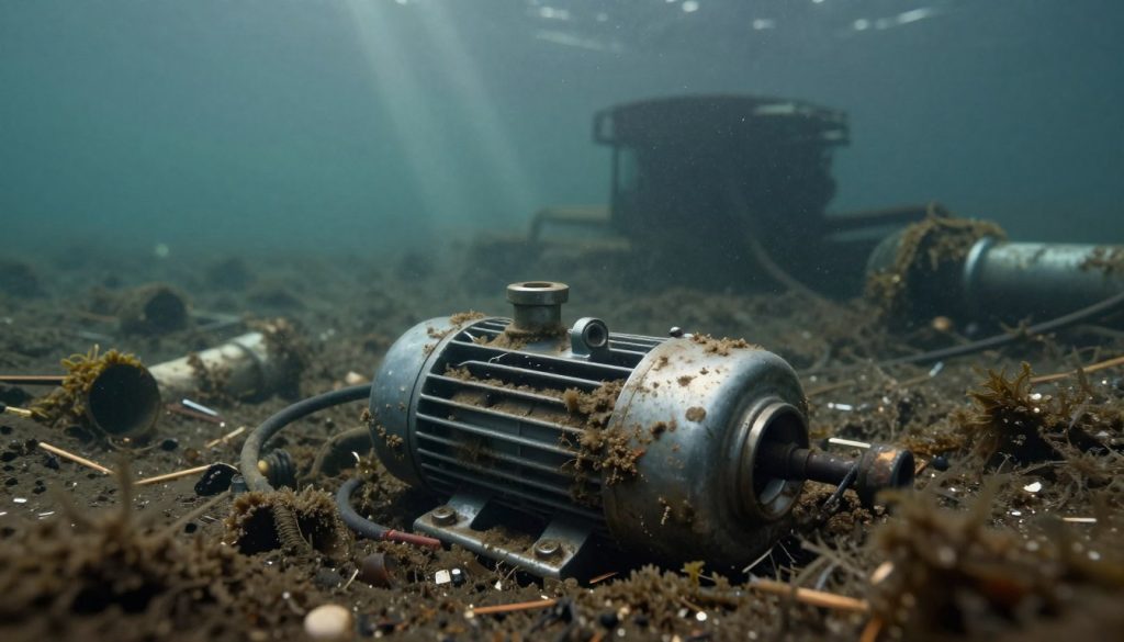 A submerged pump surrounded by a murky underwater environment, showcasing the common risks associated with its use. In the foreground, the metallic pump is partially covered in sediment, with visible corroded areas indicating wear and tear. The middle ground features scattered debris like broken pipes and algae growth clinging to surfaces, suggesting neglect and potential hazards. In the background, an unclear silhouette of a larger water body emphasizes the depth and isolation of the scene. The lighting is dim, with soft rays of filtered light from above, creating an ominous but informative atmosphere. The angle is slightly tilted, evoking a sense of instability and risk. The mood is cautionary, illustrating the hidden dangers of submerged pumps clearly and effectively. A submerged pump surrounded by a murky underwater environment, showcasing the common risks associated with its use. In the foreground, the metallic pump is partially covered in sediment, with visible corroded areas indicating wear and tear. The middle ground features scattered debris like broken pipes and algae growth clinging to surfaces, suggesting neglect and potential hazards. In the background, an unclear silhouette of a larger water body emphasizes the depth and isolation of the scene. The lighting is dim, with soft rays of filtered light from above, creating an ominous but informative atmosphere. The angle is slightly tilted, evoking a sense of instability and risk. The mood is cautionary, illustrating the hidden dangers of submerged pumps clearly and effectively.