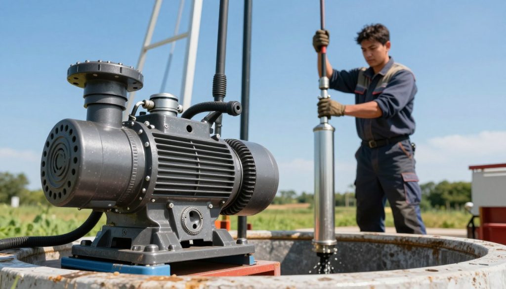 A submersible pump designed for well installation, prominently placed in the foreground. The pump should be detailed, showcasing its metal casing, intricate components, and durable attachments. In the middle ground, depict a technician in professional attire carefully lowering the pump into a deep well, using appropriate installation tools. The background features a clear blue sky and a lush green landscape, symbolizing a healthy environment. Use bright, natural lighting to illuminate the scene, creating a sense of clarity and expertise. Capture the angle from slightly above, to emphasize the pump's sturdy structure and the technician's focused expression. The overall atmosphere should convey professionalism, technical precision, and the importance of correct installation procedures.