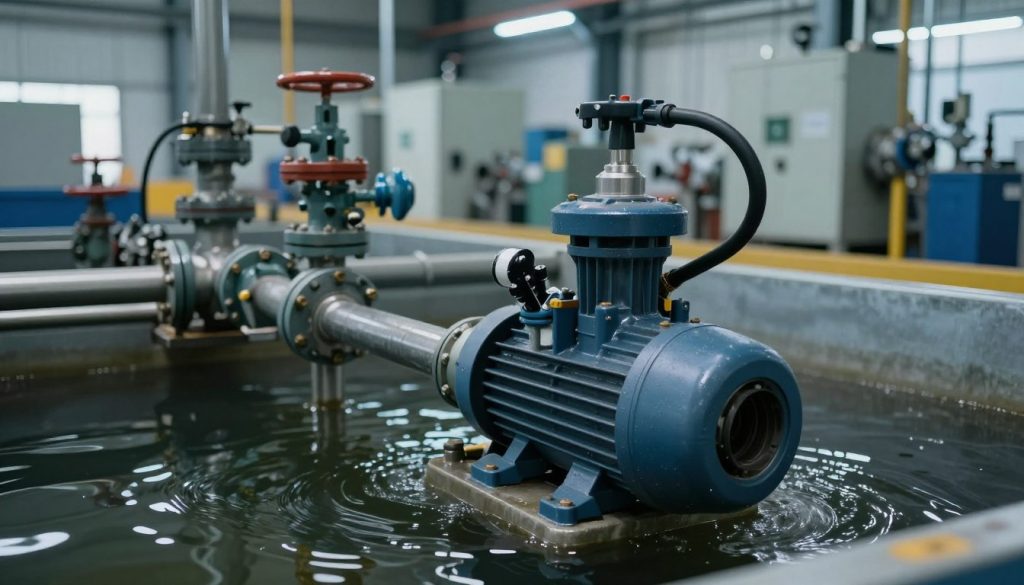 A submersible pump in action within an industrial setting, prominently featured in the foreground, showcasing its robust design and intricate components. The scene captures the pump submerged in a large water tank filled with industrial wastewater, with pipes and valves visibly connecting it to the surrounding machinery. In the middle ground, an array of industrial equipment and valves can be seen, bathed in soft, ambient lighting to enhance the technical details. The background reveals a factory environment with large machinery and equipment, slightly blurred to emphasize the pump. The overall atmosphere is professional and industrious, reflecting the functional importance of submersible pumps in industrial applications. The image should have a slightly cool color palette, evoking a sense of technology and efficiency.