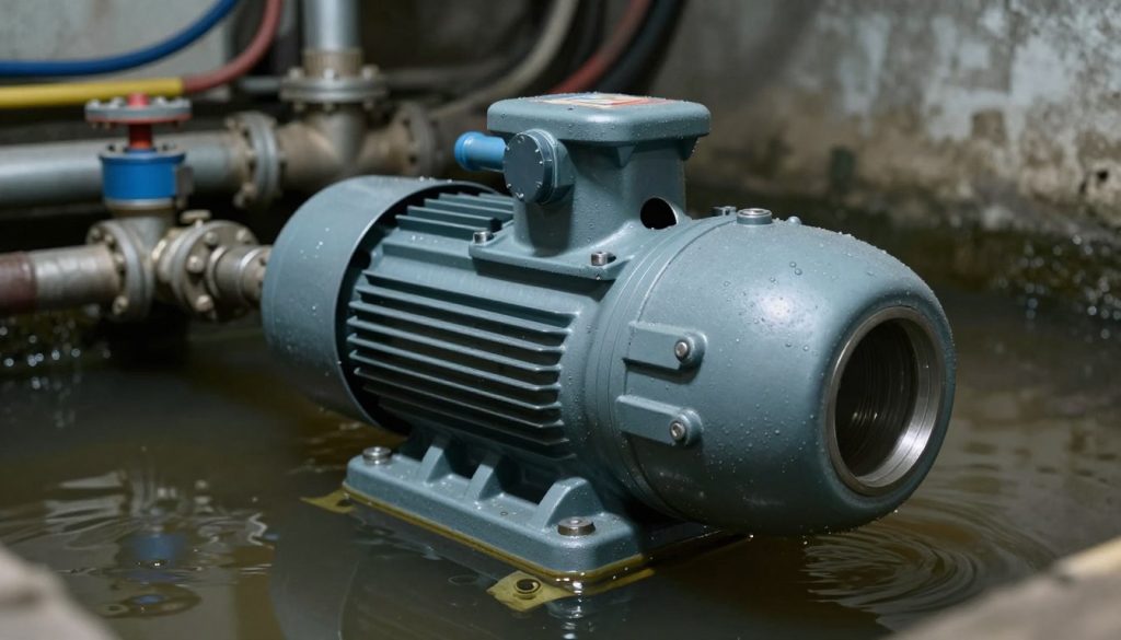 A submersible sewage pump, robust and industrial in design, is positioned prominently in the foreground, showcasing its detailed components like the motor, inlet, and discharge outlet. The pump is partially submerged in murky water, emphasizing its application in drainage systems. In the middle ground, there are various pipes and fittings connected to the pump, hinting at a complex drainage setup. The background features a dimly lit underground environment, with hints of concrete walls and cables, creating a technical atmosphere. Soft, focused lighting highlights the pump, casting realistic shadows and revealing the textures of the water and machinery. The overall mood is practical and engineering-focused, reflecting the professionalism of installation and maintenance in drainage systems. A submersible sewage pump, robust and industrial in design, is positioned prominently in the foreground, showcasing its detailed components like the motor, inlet, and discharge outlet. The pump is partially submerged in murky water, emphasizing its application in drainage systems. In the middle ground, there are various pipes and fittings connected to the pump, hinting at a complex drainage setup. The background features a dimly lit underground environment, with hints of concrete walls and cables, creating a technical atmosphere. Soft, focused lighting highlights the pump, casting realistic shadows and revealing the textures of the water and machinery. The overall mood is practical and engineering-focused, reflecting the professionalism of installation and maintenance in drainage systems.