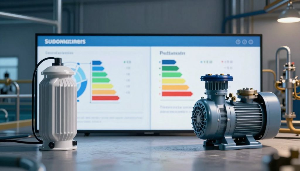 A technical comparison of various pumping systems, featuring a dynamic split-screen layout. In the foreground, display detailed views of two distinct pumping systems: a submersible pump on one side, showcasing clean lines and sleek design, and a centrifugal pump on the other, with visible mechanical parts and pipes. In the middle ground, illustrate infographics highlighting technical specifications, such as flow rates and energy efficiency, using diagrams and charts. The background should include an industrial setting, like a water treatment facility, with ambient lighting that casts soft shadows, emphasizing the systems at work. Capture the atmosphere of a professional analysis, focusing on clarity and detail, to visually engage the reader in a technical discussion.