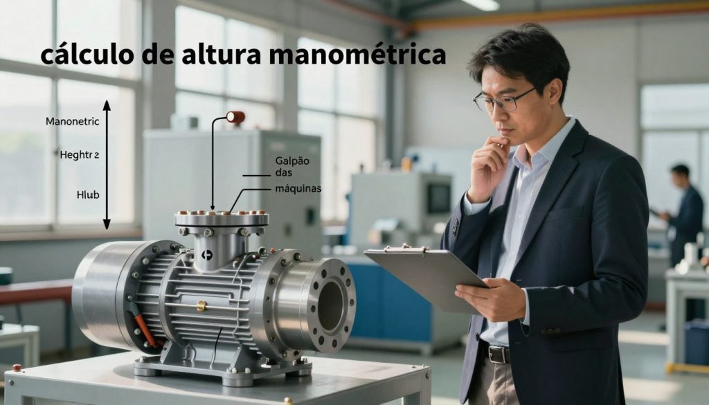 A technical illustration depicting the concept of "cálculo de altura manométrica" in centrifugal pumps, focusing on the mechanical components involved. In the foreground, a detailed pump schematic showcases the manometric height calculation, with labels and arrows illustrating fluid dynamics. In the middle ground, a professional engineer, dressed in business attire, examines the schematic with a thoughtful expression, holding a clipboard. In the background, a modern industrial setting with machinery and pipes subtly emphasizes the environment of pump operation. Natural lighting filters through large windows, casting soft shadows. The mood is scholarly and informative, aimed at conveying clarity and precision in engineering. Incorporate the brand name "Galpão das máquinas" subtly in the design elements within the image. A technical illustration depicting the concept of "cálculo de altura manométrica" in centrifugal pumps, focusing on the mechanical components involved. In the foreground, a detailed pump schematic showcases the manometric height calculation, with labels and arrows illustrating fluid dynamics. In the middle ground, a professional engineer, dressed in business attire, examines the schematic with a thoughtful expression, holding a clipboard. In the background, a modern industrial setting with machinery and pipes subtly emphasizes the environment of pump operation. Natural lighting filters through large windows, casting soft shadows. The mood is scholarly and informative, aimed at conveying clarity and precision in engineering. Incorporate the brand name "Galpão das máquinas" subtly in the design elements within the image.