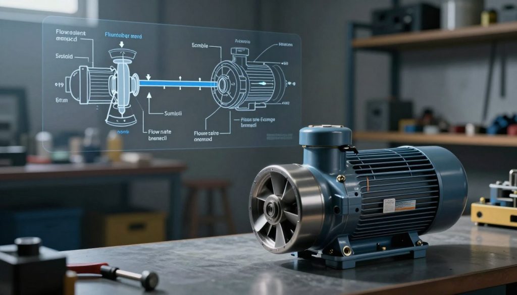 A technical illustration of a submersible pump's flow rate analysis, focused on the essential factors that determine its capacity. In the foreground, a detailed submersible pump with clear labels for its components like impeller and motor. In the middle ground, technical diagrams and flow charts illustrating hydraulic concepts and calculations, with arrows indicating flow direction and pressure points. The background features a dimly lit workshop environment with shelves of tools and equipment, casting soft shadows. Use dramatic lighting to highlight the pump and diagrams, creating a professional atmosphere that conveys precision and engineering expertise. The angle should be a slightly elevated view, showcasing both the equipment and technical illustrations harmoniously.