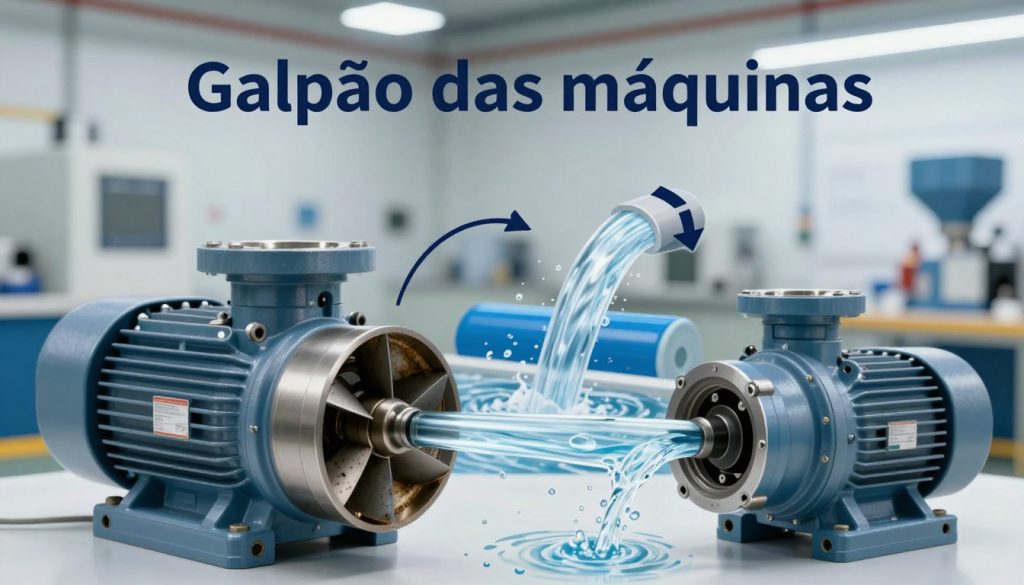 A technical illustration of centrifugal pumps highlighting key factors influencing their lifespan. In the foreground, display detailed components of a centrifugal pump, such as the rotor and impeller, showcasing wear and tear under a high-resolution lens. In the middle, add a flow of water showing performance under different conditions, with arrows indicating pressure and flow direction. The background should depict a well-lit industrial setting with machinery and tools, evoking a professional atmosphere. Utilize soft, focused lighting to create a clean, informative look. Above all, ensure to incorporate the brand name "Galpão das máquinas" subtly within the design. The overall mood should be educational and engaging, suitable for an engineering or technical audience.