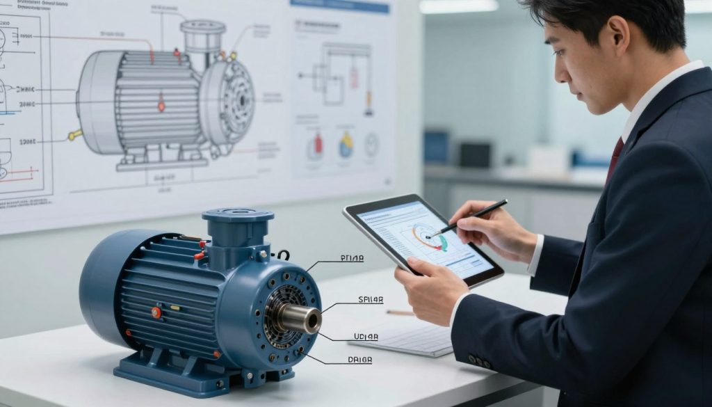 A technical illustration of the process of selecting and sizing an electric motor for a submersible pump. In the foreground, a close-up view of a well-designed motor with various labels pointing to key components like the shaft, rotor, and electrical connections. In the middle ground, an engineer, dressed in professional business attire, is consulting diagrams on a digital tablet, with focused expression, analyzing data. The background features a schematic of a submersible pump system, with technical drawings and flowcharts illustrating hydraulic principles. Soft, ambient lighting emphasizes the details and creates a clean, professional atmosphere, while a slight tilt-down perspective adds depth to the composition, evoking a sense of expertise and precision in engineering.