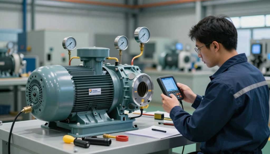 A technical illustration of vibration diagnostics in centrifugal pumps, showcasing a detailed view of a centrifugal pump system in an industrial setting. In the foreground, a technician in professional attire inspects the pump using a vibration analyzer, surrounded by tools and diagnostic equipment. The middle ground features the pump itself, with visible components like the motor, piping, and gauges, all meticulously labeled. In the background, a blurred factory environment with additional machinery emphasizes an industrial atmosphere. Soft, focused lighting highlights the technician and the pump, creating a professional and technical mood. Incorporate the logo of "Galpão das máquinas" subtly in the lower corner of the image, ensuring it remains unobtrusive.